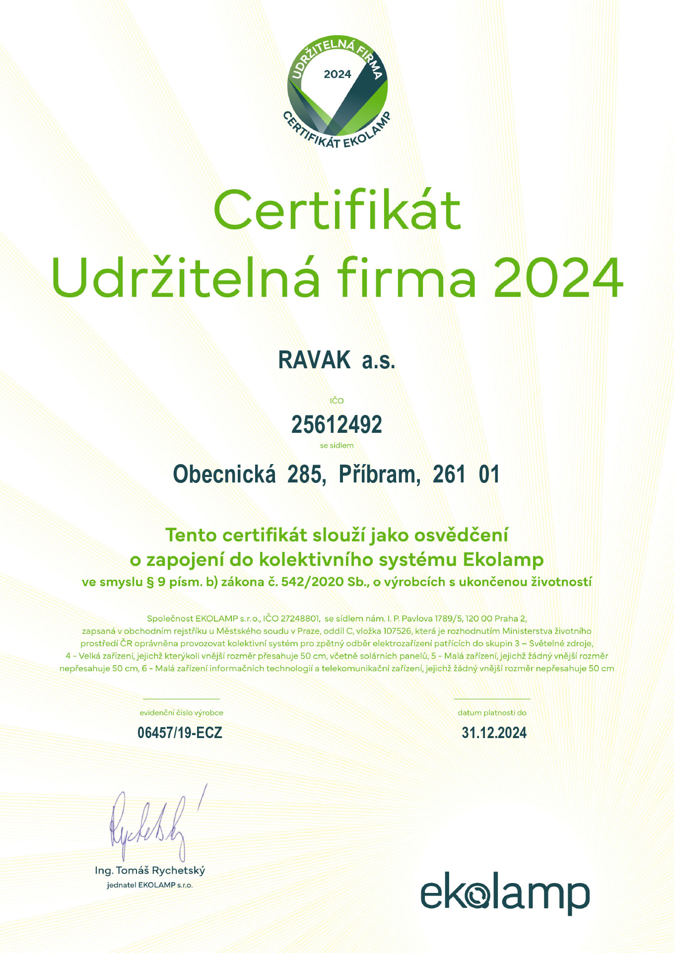 RAVAK certifikát Ekolamp